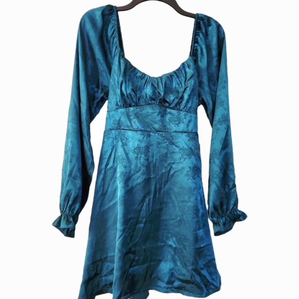Jacquard Teal Party Satin Dress Size XL Long Sleeve Empire Waist - Picture 2 of 11